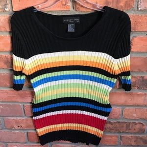 August Silk Ribbed 100% Silk Knit Sweater Top Stretch Crew Stripes Rainbow Black